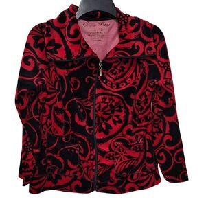 Onque Petite Zip Up Jacket Women PM Red Black Paisley Velour Full Zip Pocket